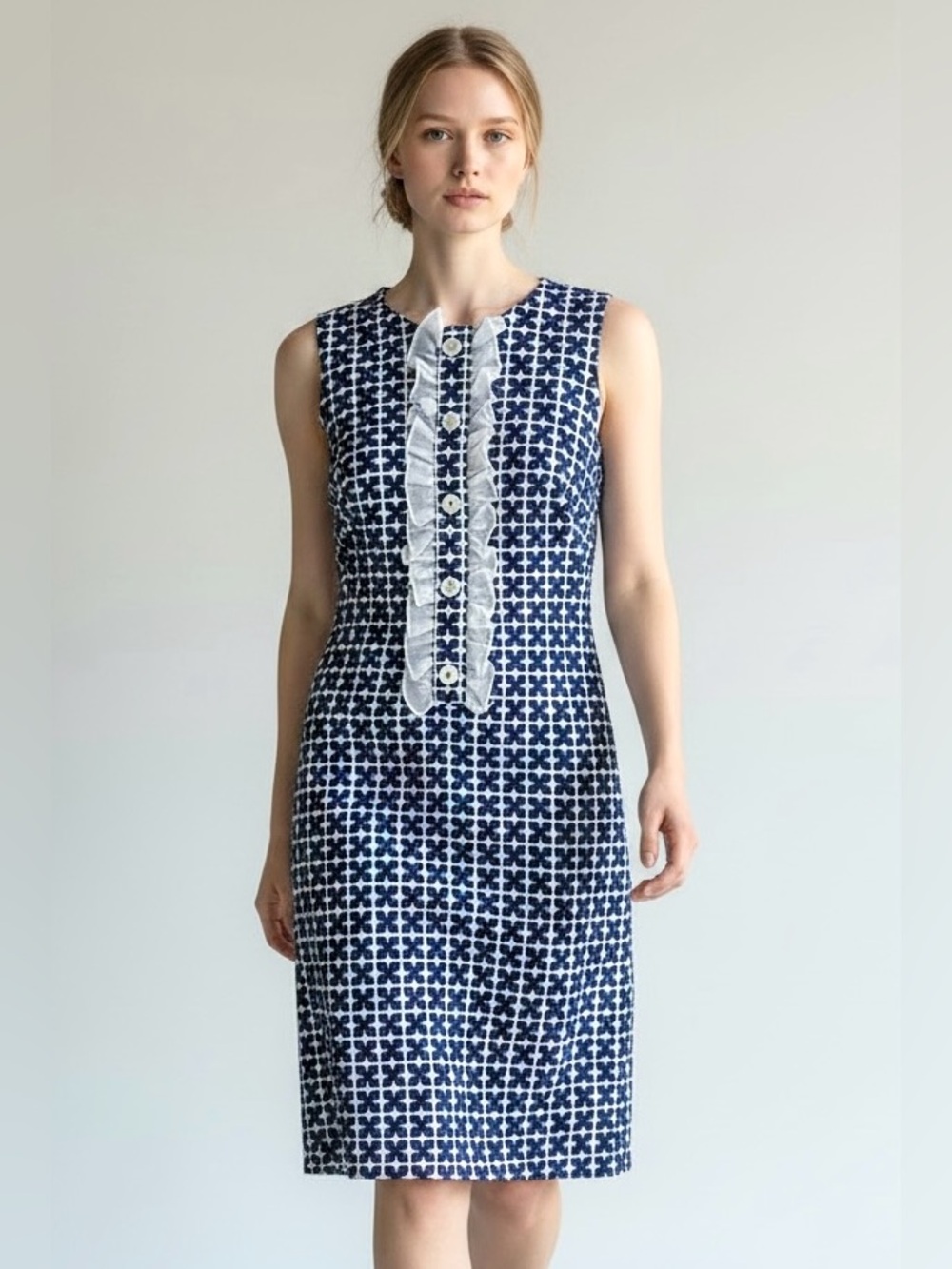 Shoshanna Anthropologie Y2K Sheath Dress Navy White Sleeveless Ruffles SZ 2